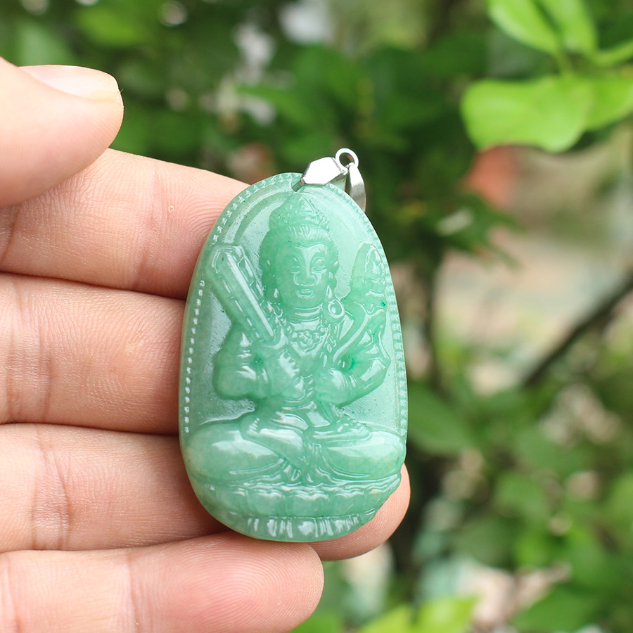 Mặt Dây chuyền Phật Hư Không Tạng Bồ Tát, cho tuổi Sửu, Mệnh Mộc, Đá Thạch Anh Xanh, Cỡ to AKO2