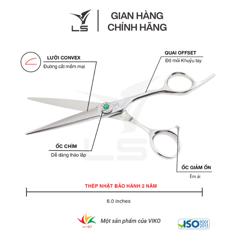 Kéo cắt tóc LS lưỡi thẳng quai offset vênh đỡ ngón cố định FA73/6.0