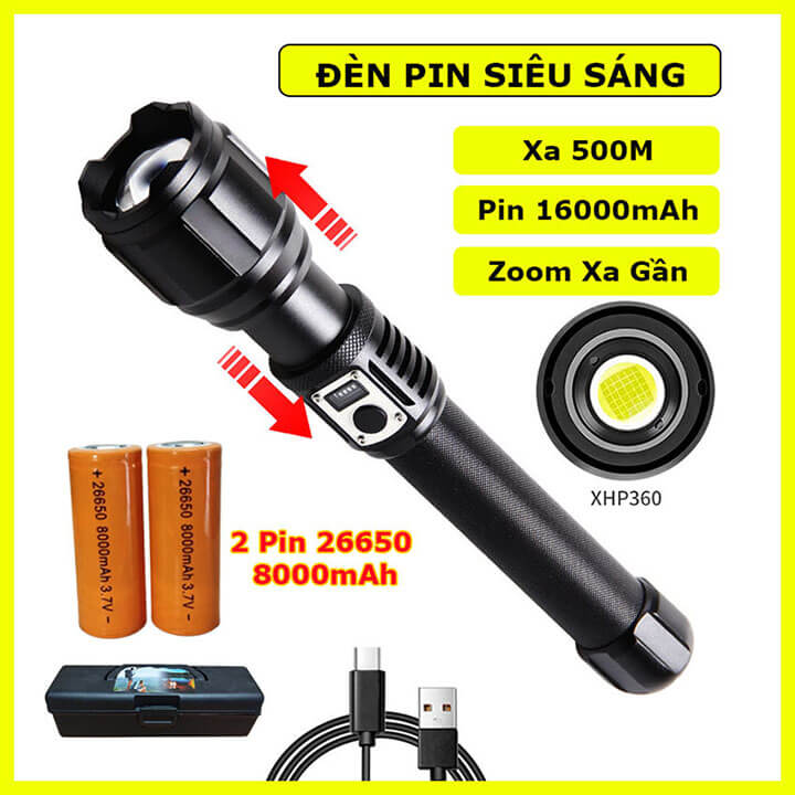 Đèn pin siêu sáng cầm tay XHP360 chiếu xa 500m có Zoom xa gần, pin trâu 16000mAh, chống thấm nước IPX4, 5 chế độ sáng