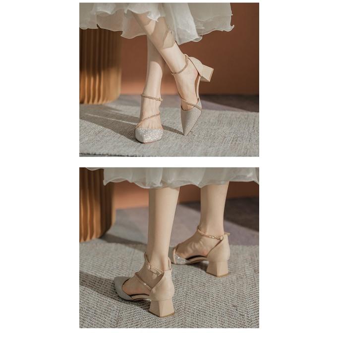Giày Sandal Cao Gót Mũi Nhọn Đính Đá Chất Liệu: Da Lộn Ở Gót Mềm Cao Cấp, Đế Cao Su 030