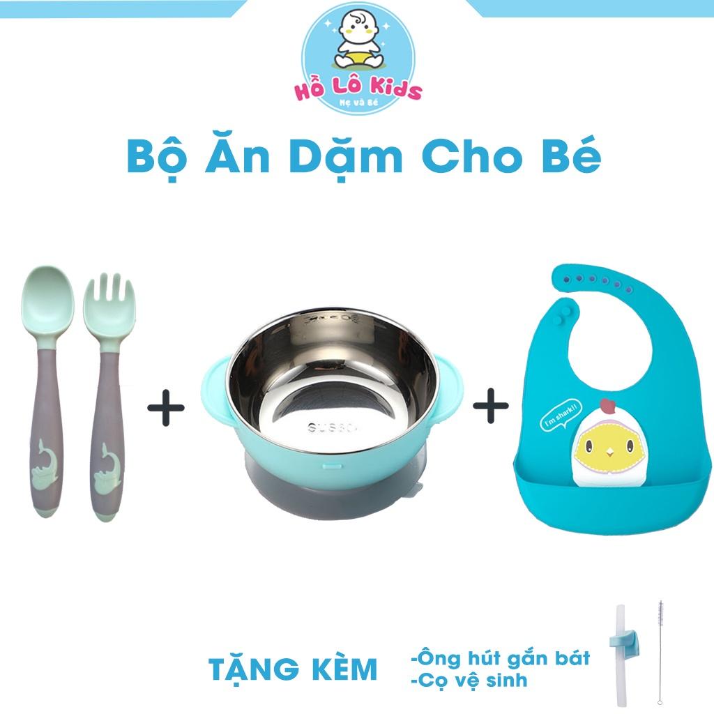 Bộ ăn dặm 3 chi tiết cho bé yếm, bát, bộ thìa dĩa hoặc đũa tặng kèm ống hút và cọ vệ sinh Hồ Lô Kids