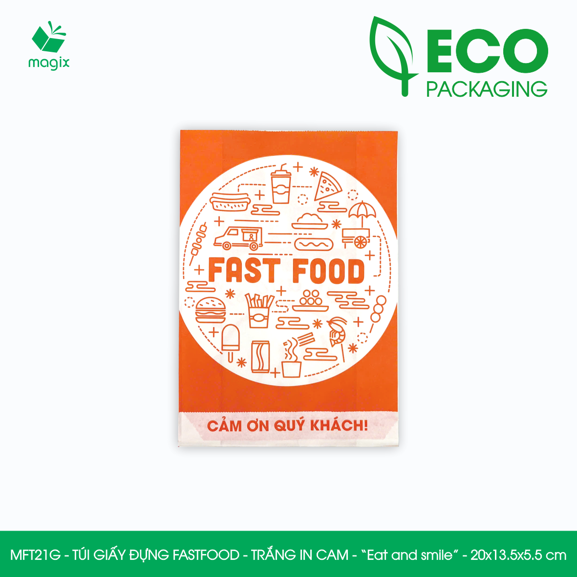 MFT21G - 20x13.5x5.5 cm - 100 Túi giấy MG đựng fastfood, túi đựng thực phẩm