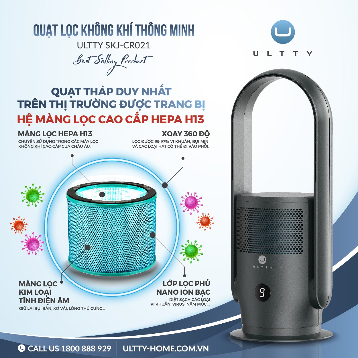 Combo Máy Lọc Không Khí U ULTTY SKJ CR021 Dạng Quạt Màu Đen + Màng lọc HEPA H13 Nano Phân Tử Bạc - Hàng Chính Hãng