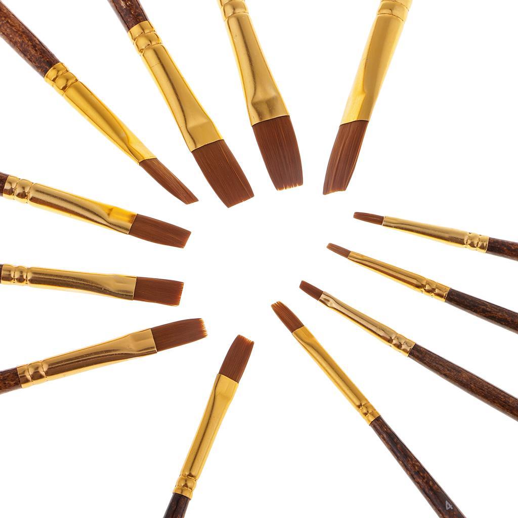 12 Nylon Hair Artist Paint Brush Acrylic Watercolor Flat Fine  Tip