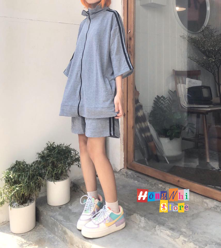 Set Bộ Thể Thao Oversize Ulzzang Unisex Áo Khoác Tay Ngắn Quần Short Màu Xám Cao Cấp - MM