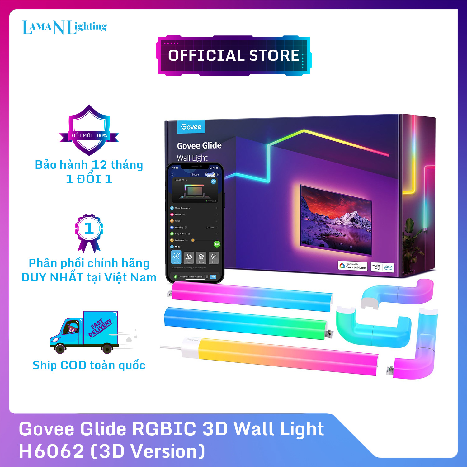 Đèn LED tường Govee Glide RGBIC 3D Wall Light H6062 | Công nghệ RGBIC 16 triệu màu - Kết nối thông minh