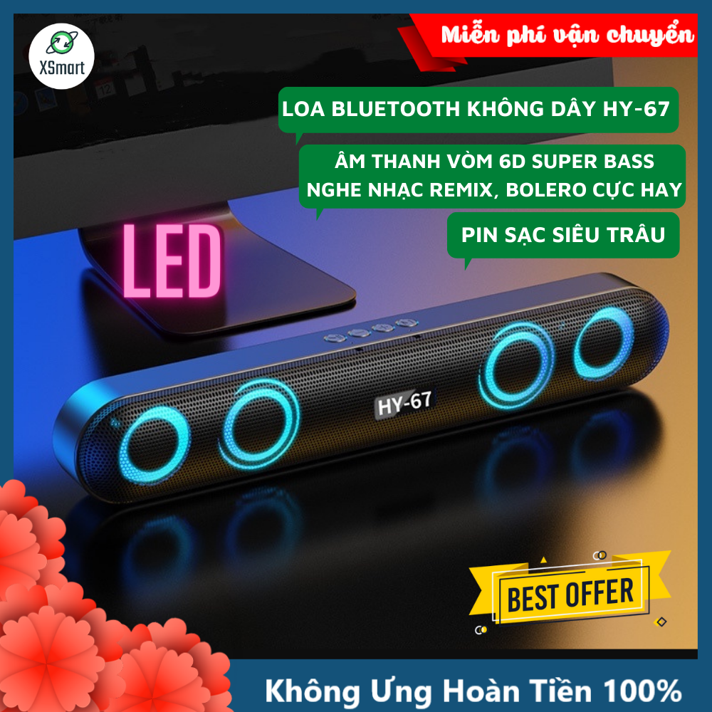 Loa Bluetooth HY-67 Bass Cực Mạnh Có LED Âm Thanh Vòm 6D Nghe Nhạc Xem Phim Cực đã Pin Sạc Tiện Lợi Tương Thích Điện Thoại Laptop Tivi Hỗ Trợ Thẻ Nhớ, USB-Hàng Chính Hãng