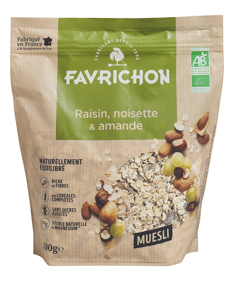 Ngũ cốc ăn sáng nho khô, hạt phỉ, hạnh nhân hữu cơ Favrichon 500g
