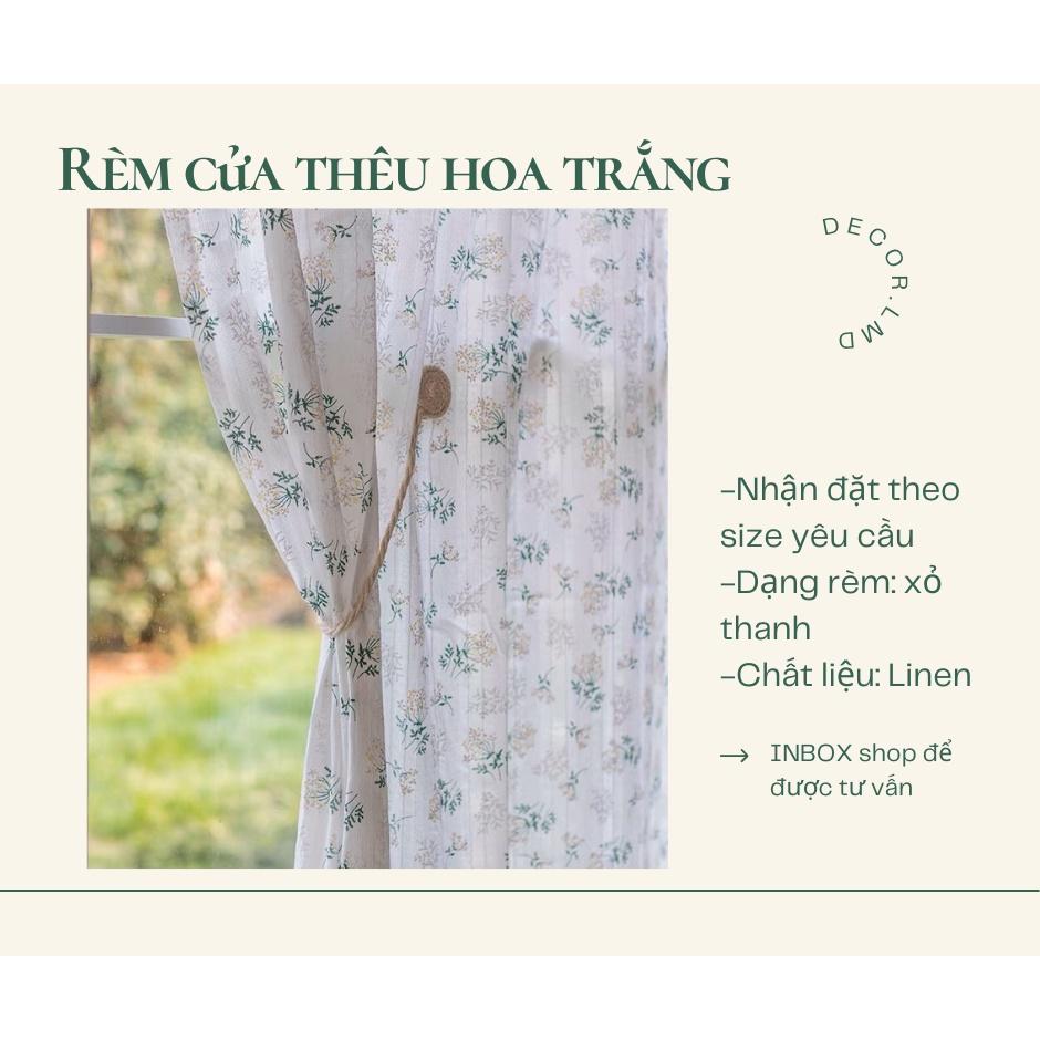 Rèm cửa, rèm che kệ bếp hoạ tiết thêu hoa trắng thơ mộng chống nắng cao cấp, màn vải treo tường trang trí decor cửa