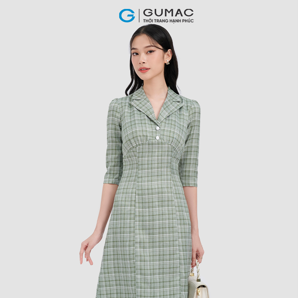 Đầm form A GUMAC DC10065 caro tay lỡ phong cách