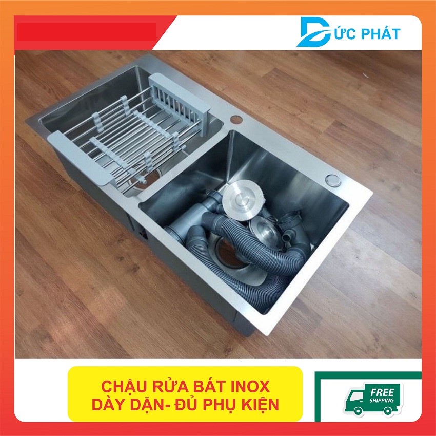 Chậu rửa bát inox đúc 2 hố dày dặn - chậu rửa bát không gỉ Tặng rổ rút đa năng