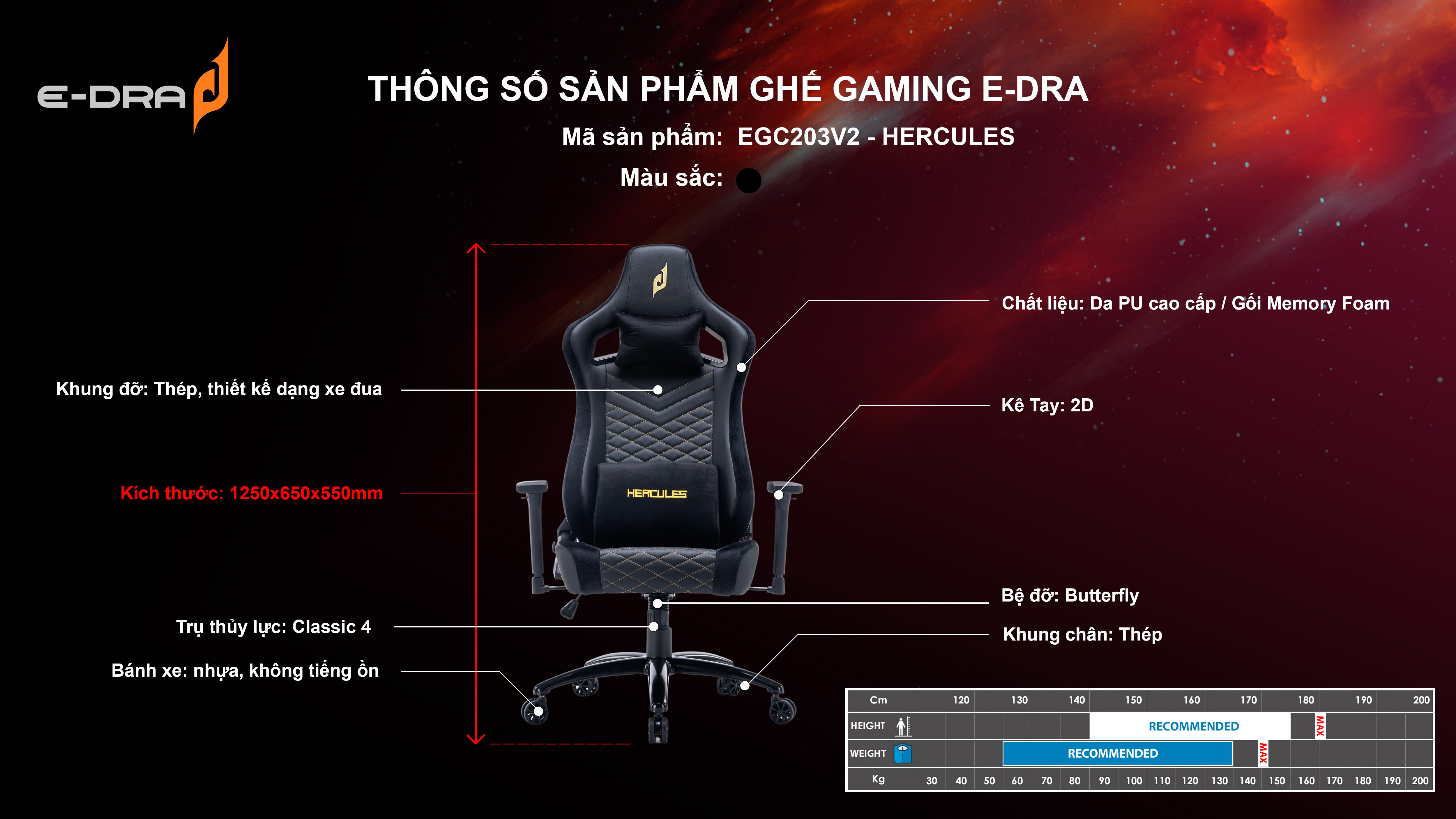 Ghế chơi game E-Dra Hercules EGC203 Black - Hàng chính hãng