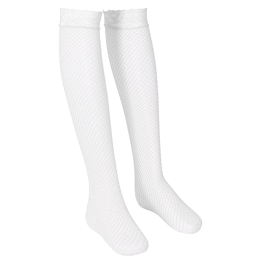 2xWomen Fishnet Lace Top Mesh High Thigh Stockings Long Socks White