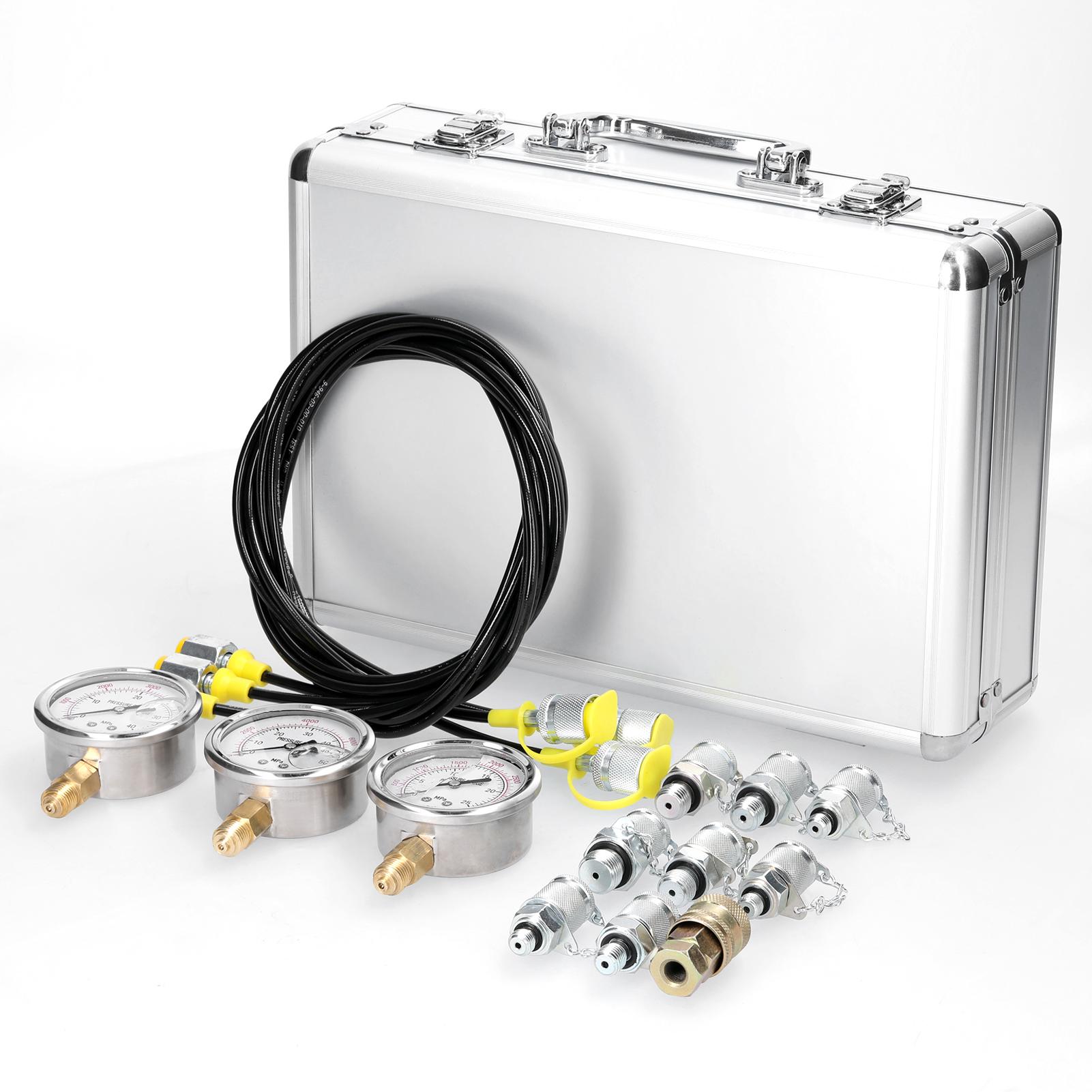 Hydraulic Pressure Gauge Kit Excavator Hydraulic Pressure Meauring Device with 9 Couplings 3 Pressure Gauges 3 Test Hose for Excavator Construction Machinery