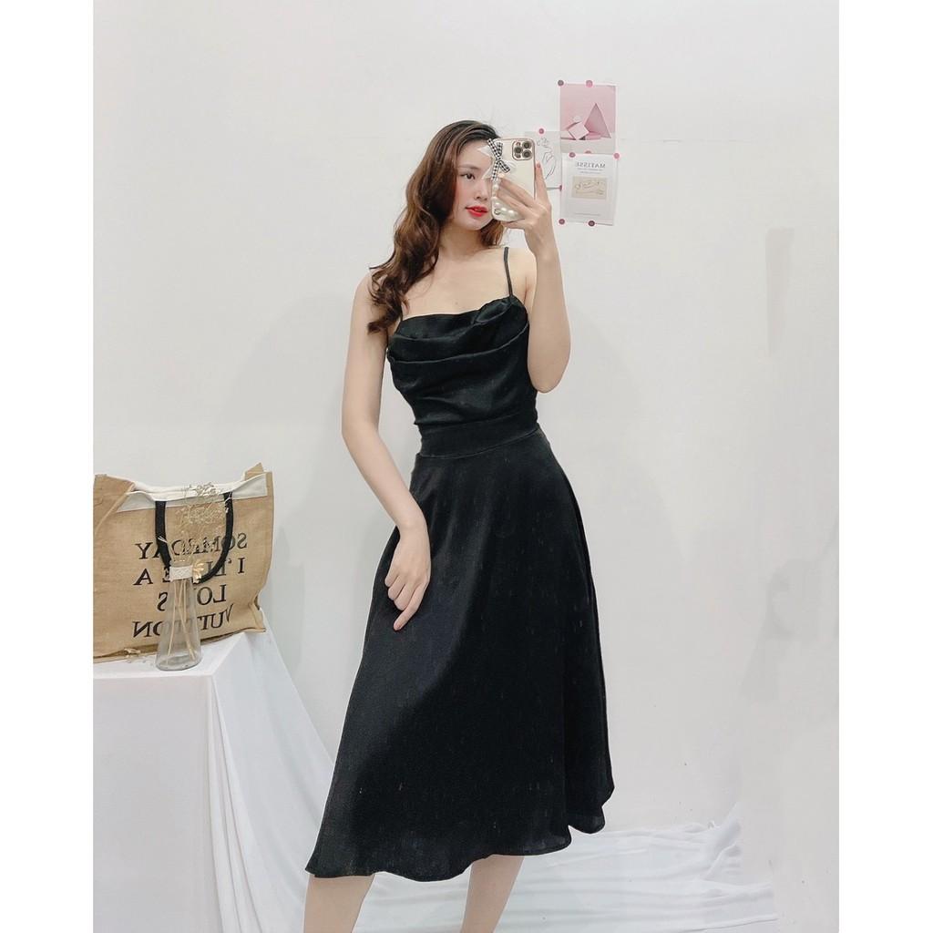 ĐẦM ĐEN LỤA DỰ TIỆC CỔ ĐỔ 2 DÂY-hình thật shop chụp