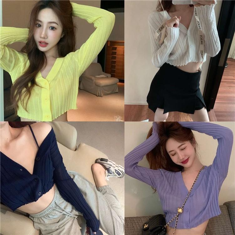 Áo Khoác Cardigan Dệt Kim Tay Dài Cổ Chữ V Chống Nắng Cho Nữ