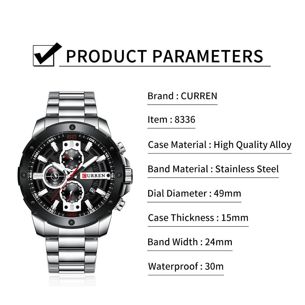 Đồng hồ thạch anh CURREN 8336 Nam Dây đeo bằng thép không gỉ Thời trang đa chức năng 3ATM Chronograph