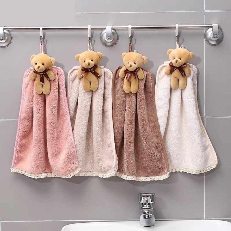 Khăn Lau Tay Nhà Bếp Hình Gấu Teddy Đáng Yêu Chất Liêu Vải Mềm Mại Thấm Nước Cực Tốt Tặng Kèm Móc Treo Dán Tường