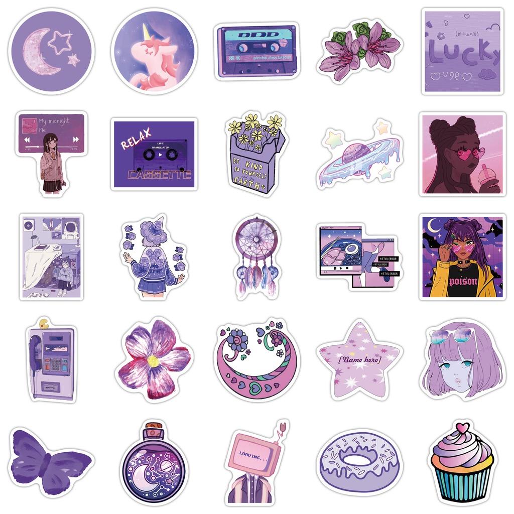 Set 50 Cái STICKER Khác Nhau Màu Tím Chống Thấm Nước Trang Trí Điện Thoại , Laptop , Vali Siêu Cute