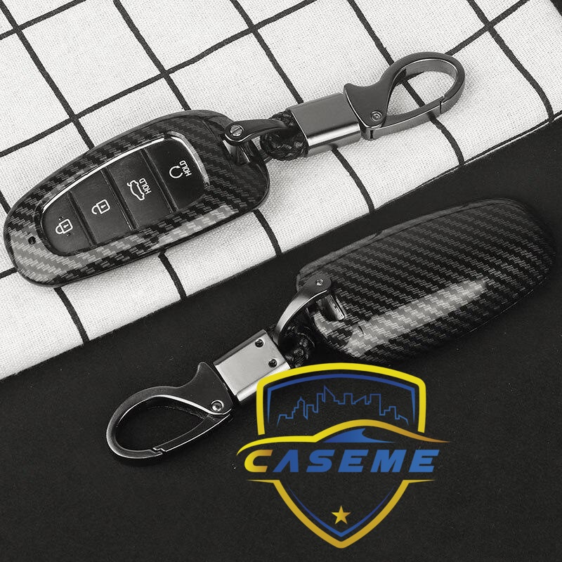 Ốp nhựa carbon lót silicon bảo vệ chìa khóa xe Hyundai Santafe 2021 kèm móc đeo INOX