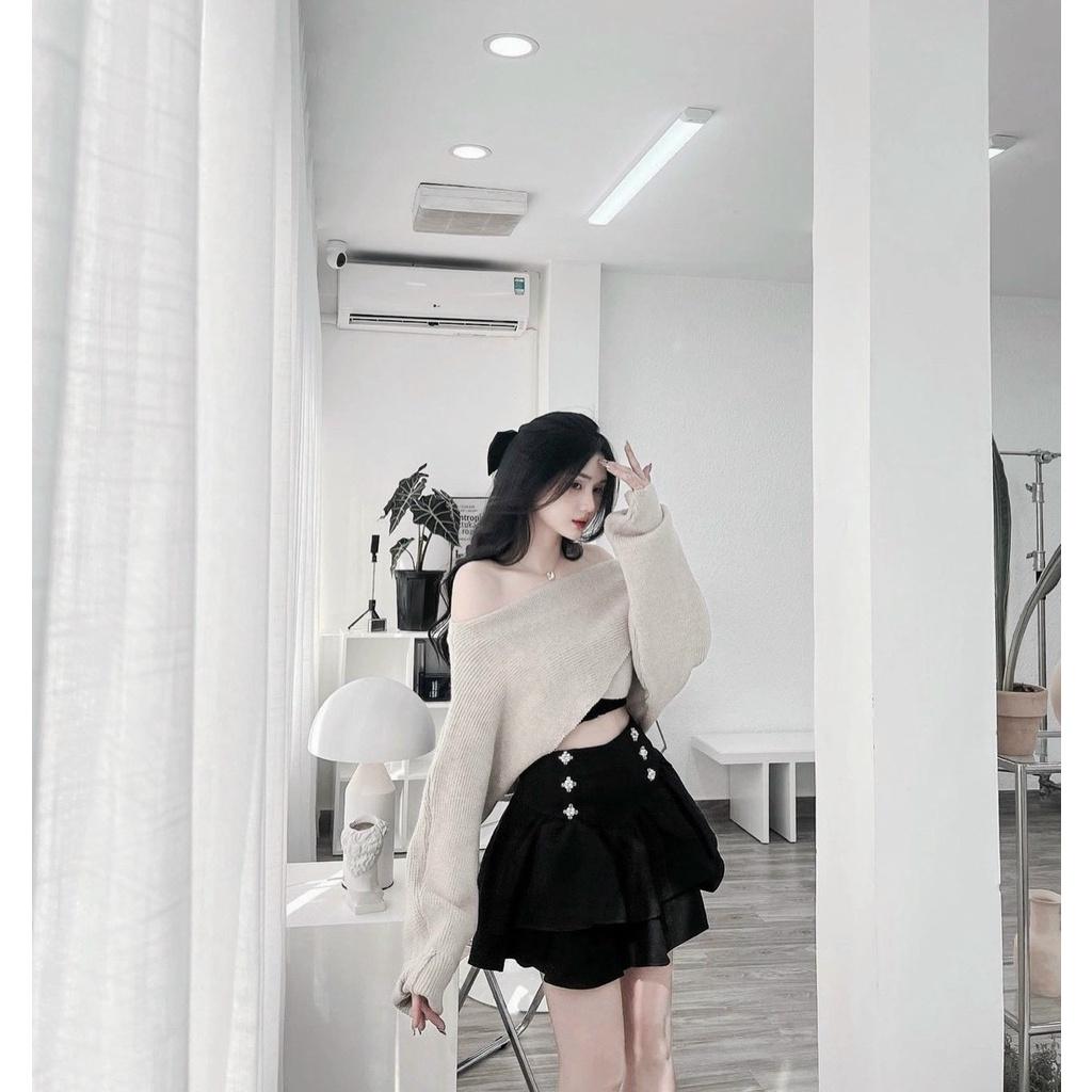 Sét 3 món áo đắp chéo kèm áo crop đen cúp ngực phối chân váy 2 tầng đính cườm