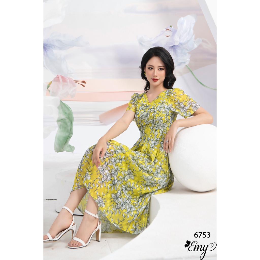 Đầm EMY EM6753 Xoè Cổ V HT Hoa