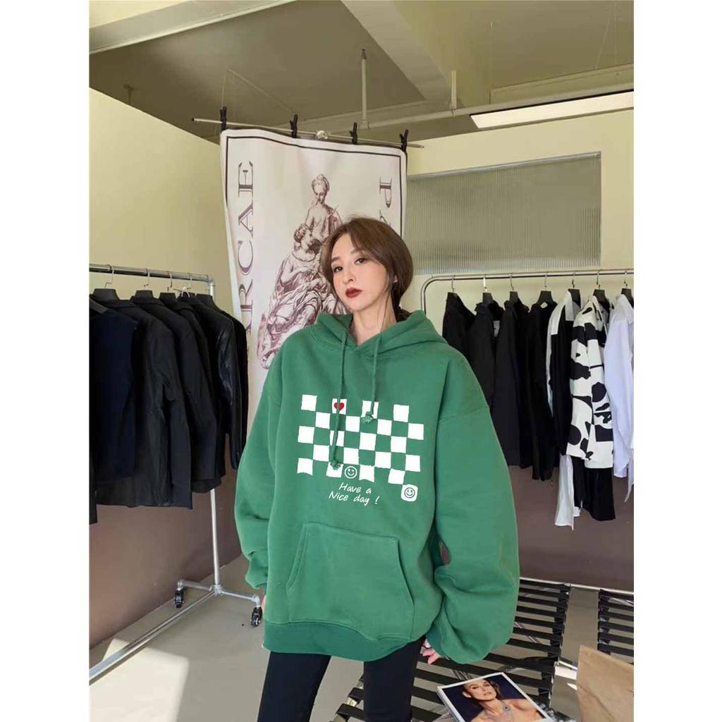 Hot Áo Hoodie bàn cờ 2 màu Xanh rêu, đen chất liệu nỉ bông siêu ấm Mẫu Trend 2023 fom rộng nam nữ.