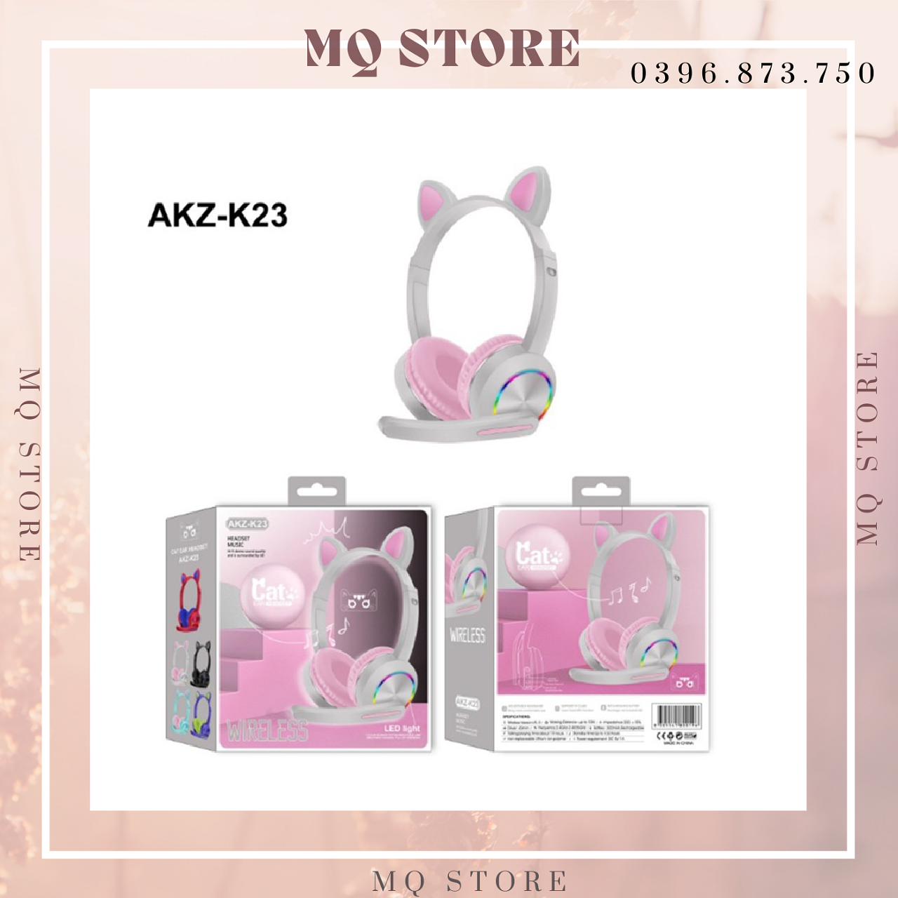 Tai nghe không dây hiệu AKZ-K23 Bluetooth 5.0 Hình Tai Mèo Hoạt Hình Phát Sáng Có Mic
