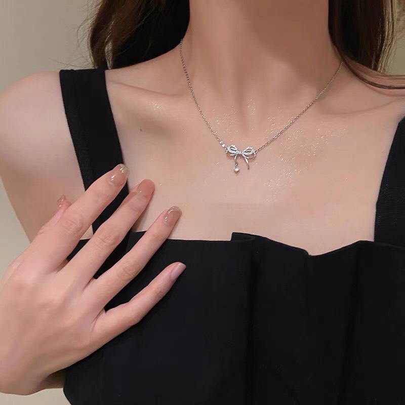 Dây Chuyền Vòng cổ Mặt Nơ Đính Đá Xinh Xắn Phong Cách Hàn Quốc Dành Cho Nữ