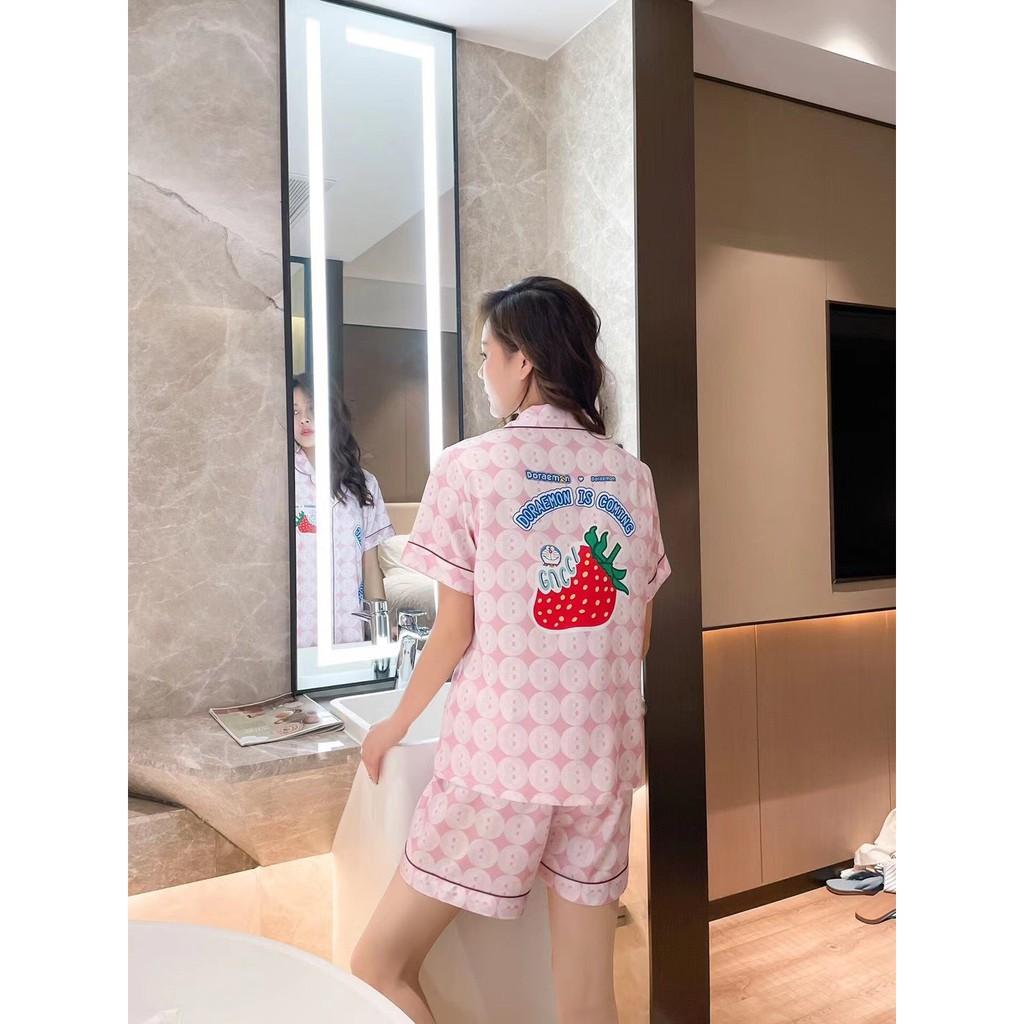 Bộ ngủ cộc lụa satin cao cấp in hình quả dâu