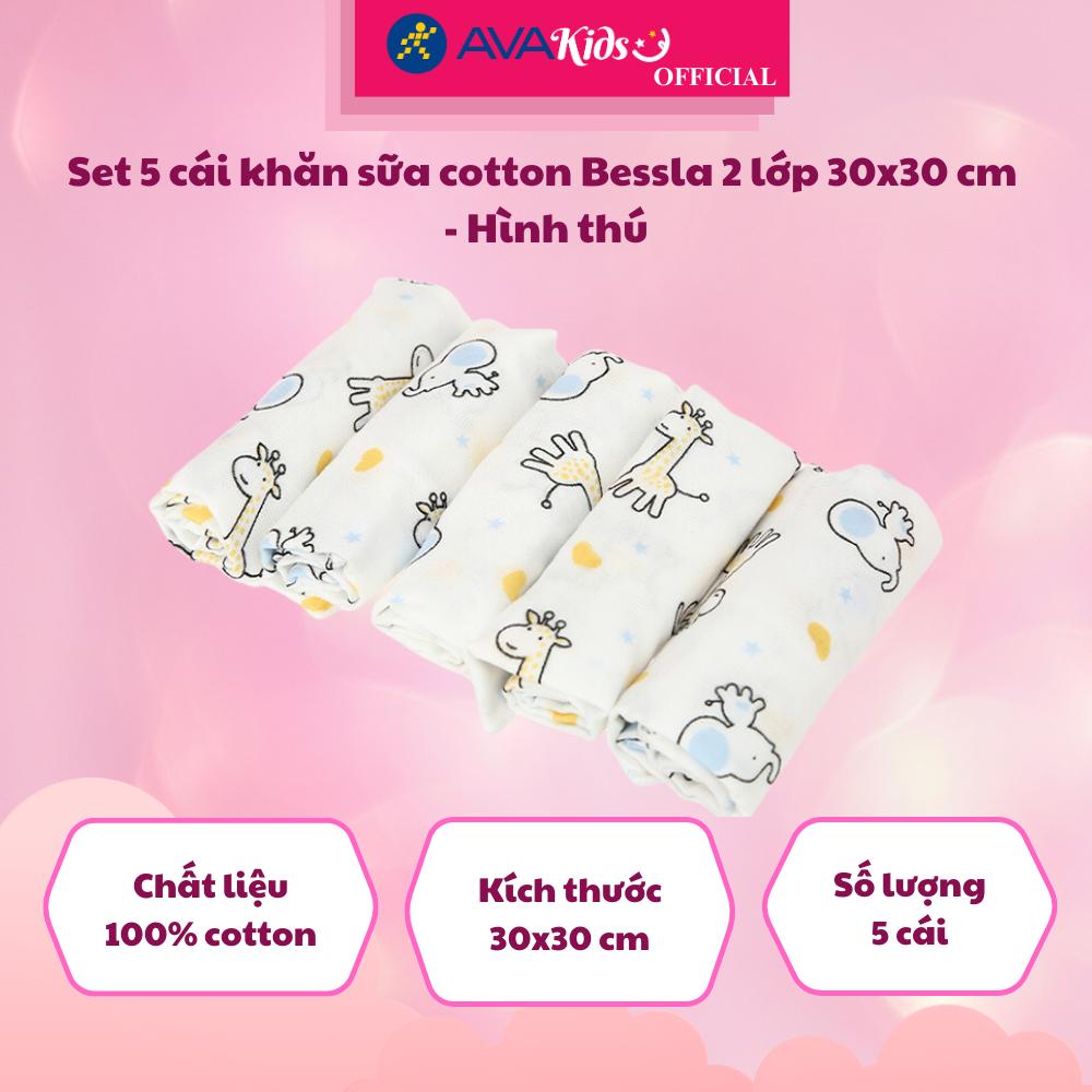 Set 5 cái khăn sữa cotton Bessla 2 lớp 30x30 cm - Hình thú - Hàng Chính Hãng