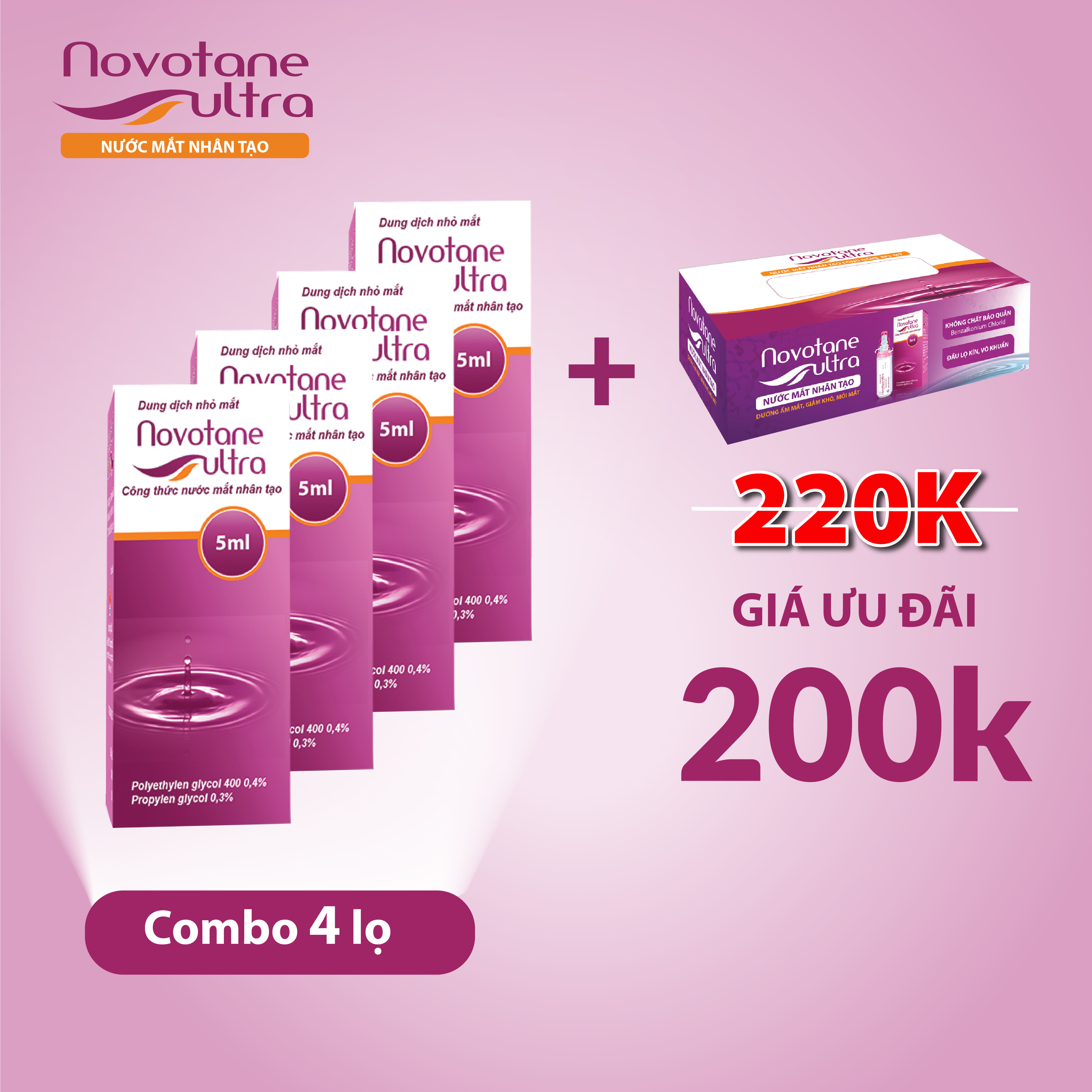Combo 4 lọ Nước mắt nhân tạo Novotane Ultra 5ml giúp bảo vệ mắt, dưỡng ẩm, giảm khô, giảm mỏi mắt