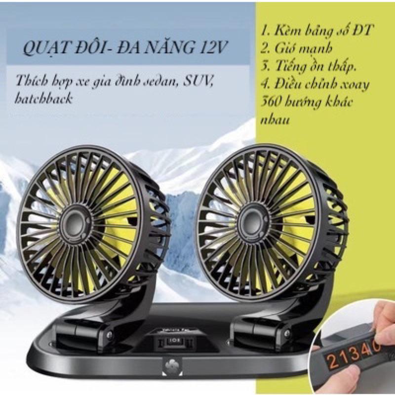 Quạt ô tô đơn và đôi xoay 360 gió mạnh kèm biển để số điện thoại dành cho xe hơi, quạt 5v/12v/24v - Đơn