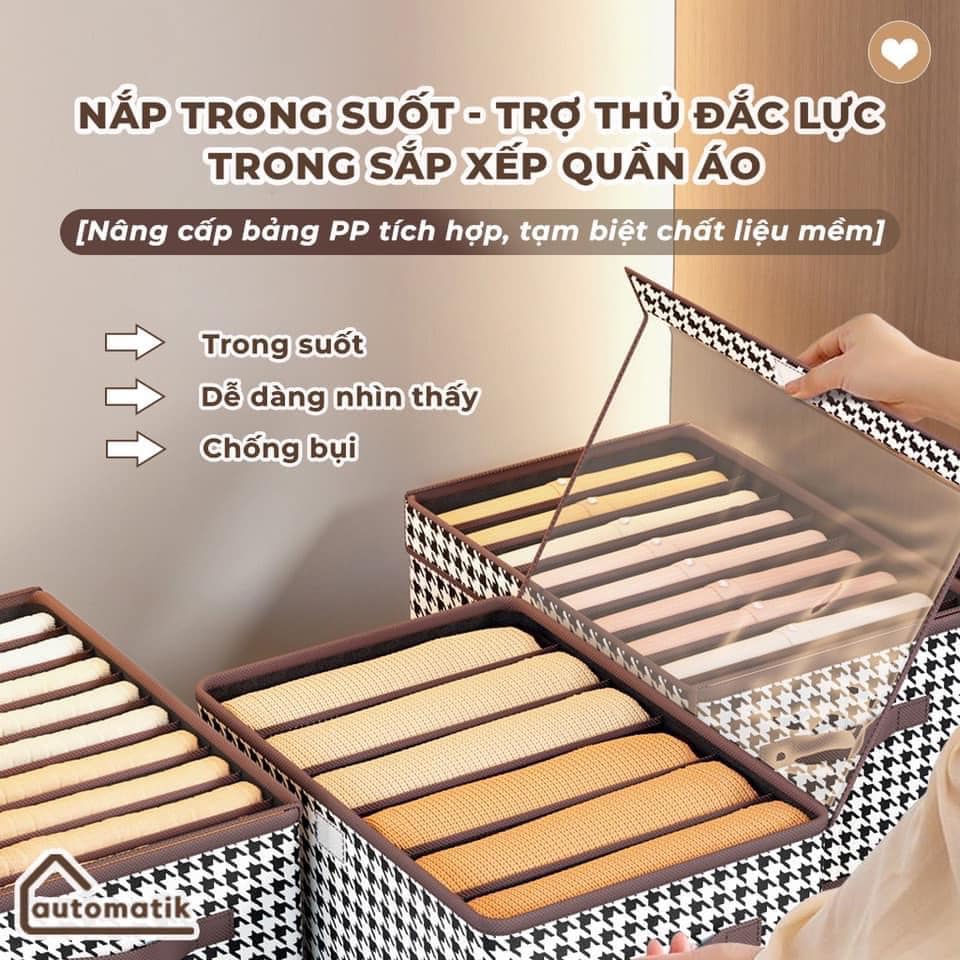 HỘP ĐỰNG QUẦN ÁO CHIA 9 NGĂN MẪU KẺ CARO CÓ NẮP ĐẬY TRONG SUỐT TIỆN LỢI