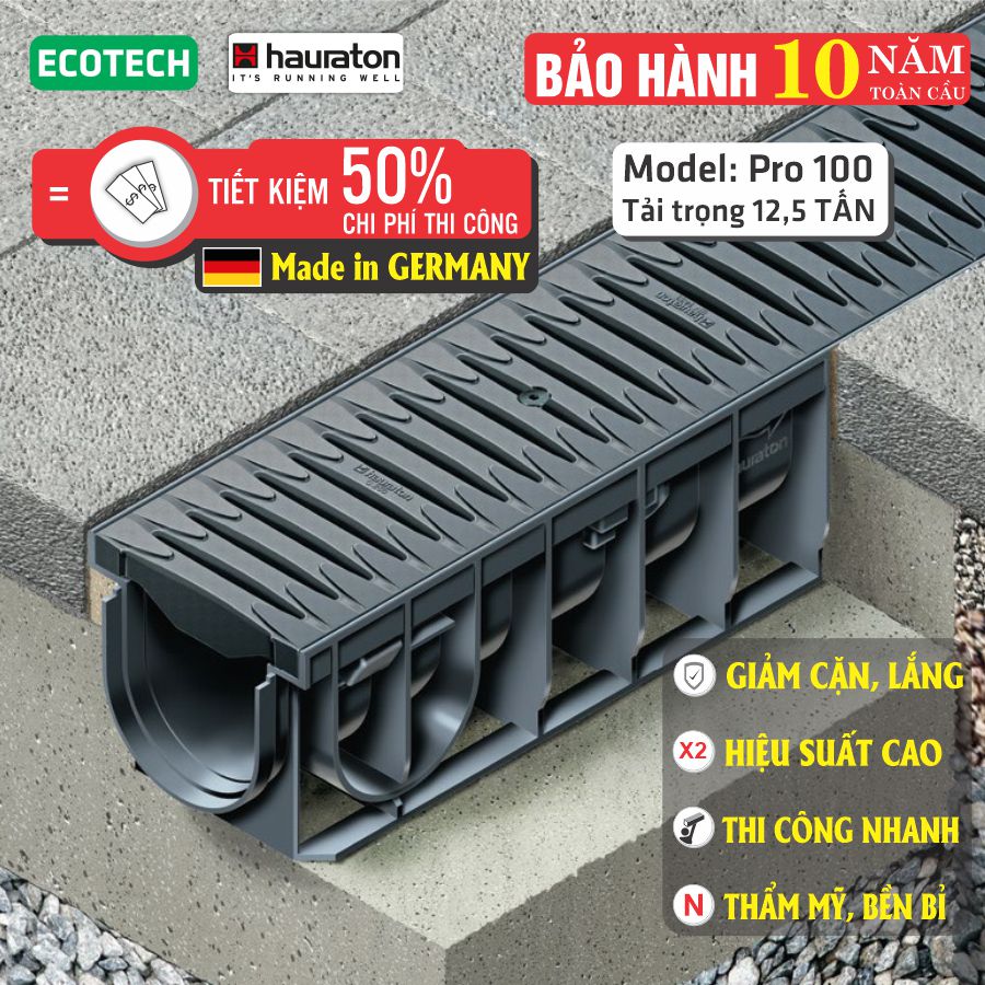 Cống thoát nước lắp ghép HAURATON : Nhập khẩu ĐỨC, hiệu suất gấp 2 cống truyền thống, thẩm mỹ, không mùi, giảm lắng cặn, kháng hóa chất.