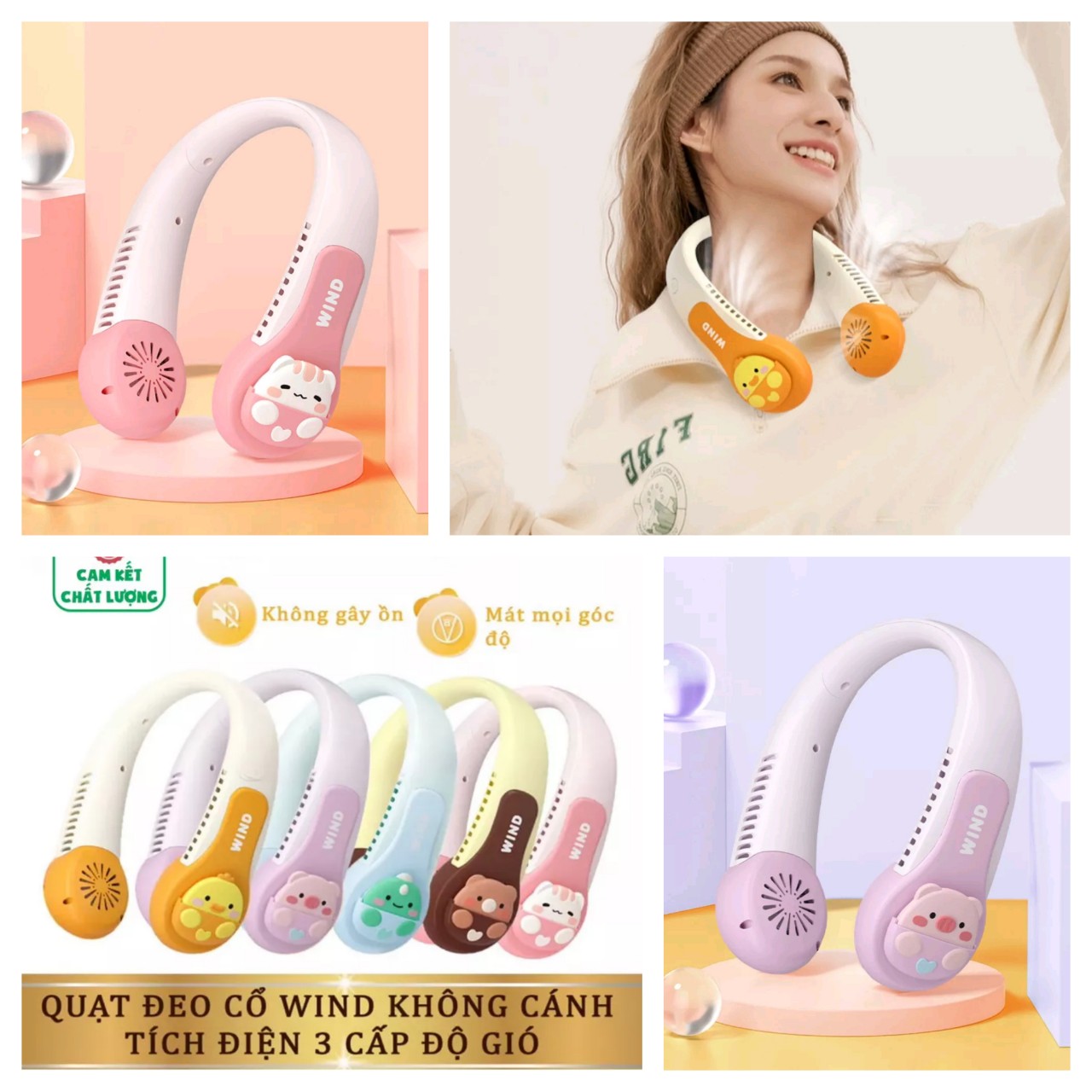 Quạt đeo cổ không cánh WIND 3D với 3 cấp gió mạnh phong cách trẻ trung năng động pin sạc litium ion Loại Tốt