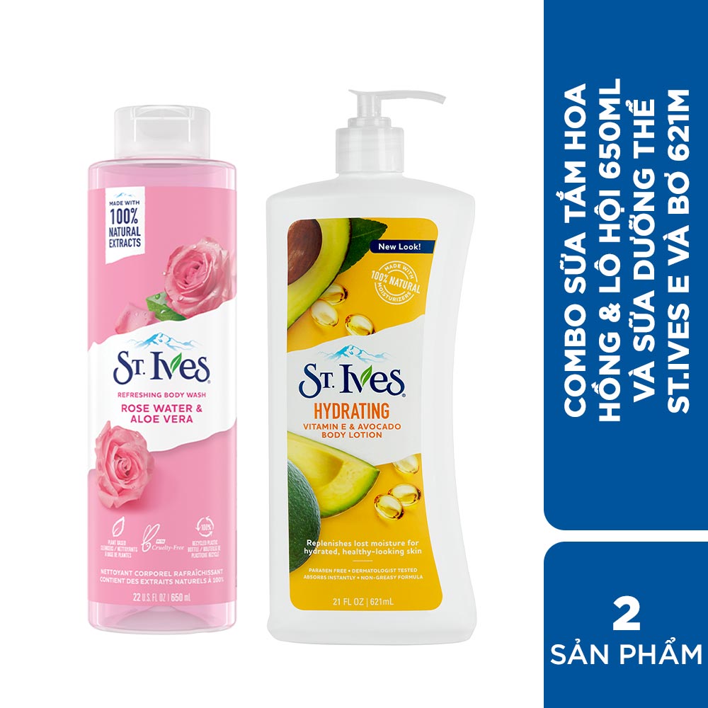 Combo Sữa tắm Hoa Hồng và Lô Hội 650ml &amp; Sữa dưỡng thể St.Ives E và bơ 621ml