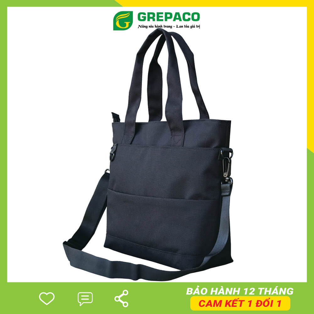 Túi Tote Đeo Vai Nữ Grepaco Vải Bố Canvas Màu Đen Nhiều Ngăn Có Khóa Kéo Đeo Chéo Hoặc Xách Tay Đựng Laptop Phụ Kiện Đi Làm, Đi Học, Đi Du Lịch Thời Trang Hàn Quốc - Hàng Chính Hãng