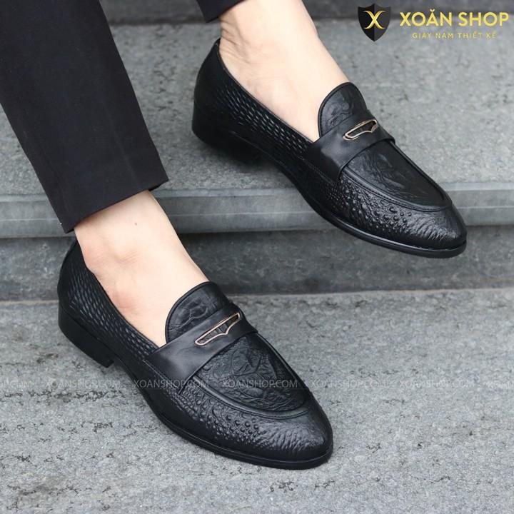 Giày Lười Da Nam DA ềm Dập Vân Cá Sấu - Đế Cao su Đúc Nguyên Khối - Mã X091-3 Màu Đen