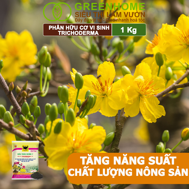 Phân Bón Hữu Cơ Trichoderma Greenhome, Đầu Trâu, Bao 1kg, Dạng Viên,Chuyên Hoa và Cây Cảnh