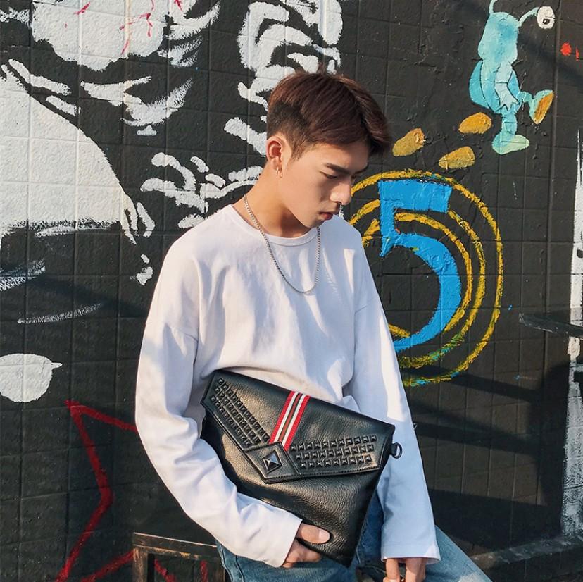 Unisex Fashion Striped Clutch Bag PU Leather - Black