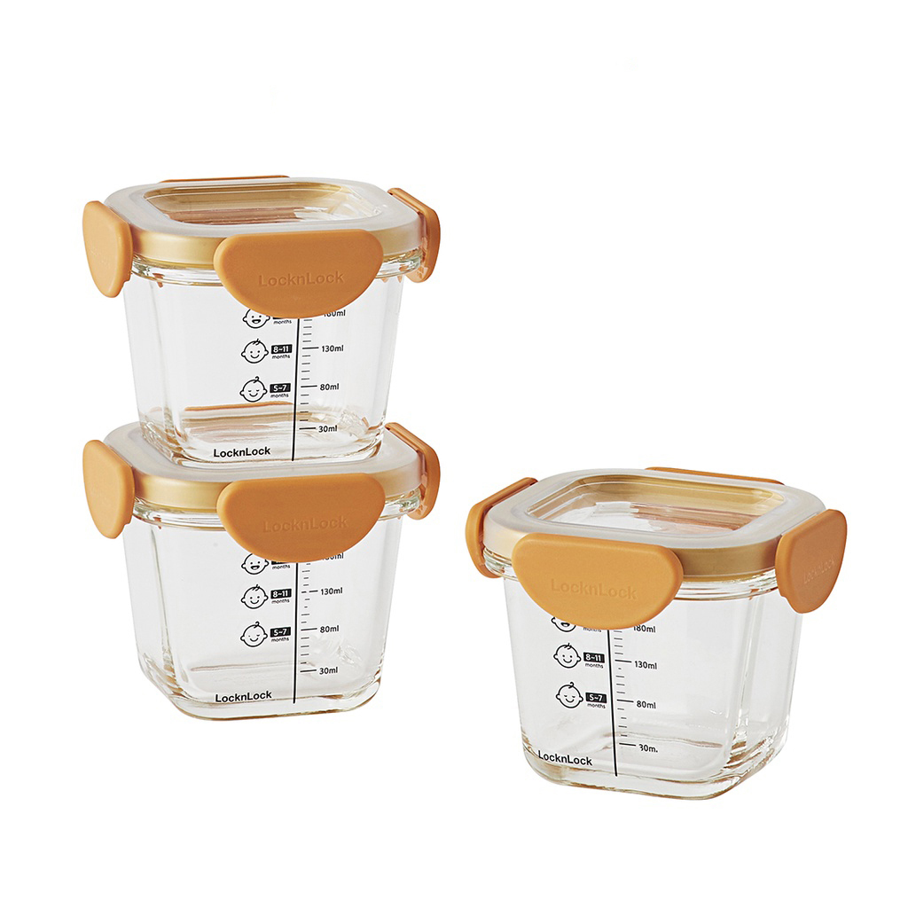 Bộ 3 hộp thủy tinh đựng thức ăn dặm cho bé Lock&amp;Lock 230ml x 3 hộp LLG508S3 - Hàng chính hãng, có vạch chia - JoyMall