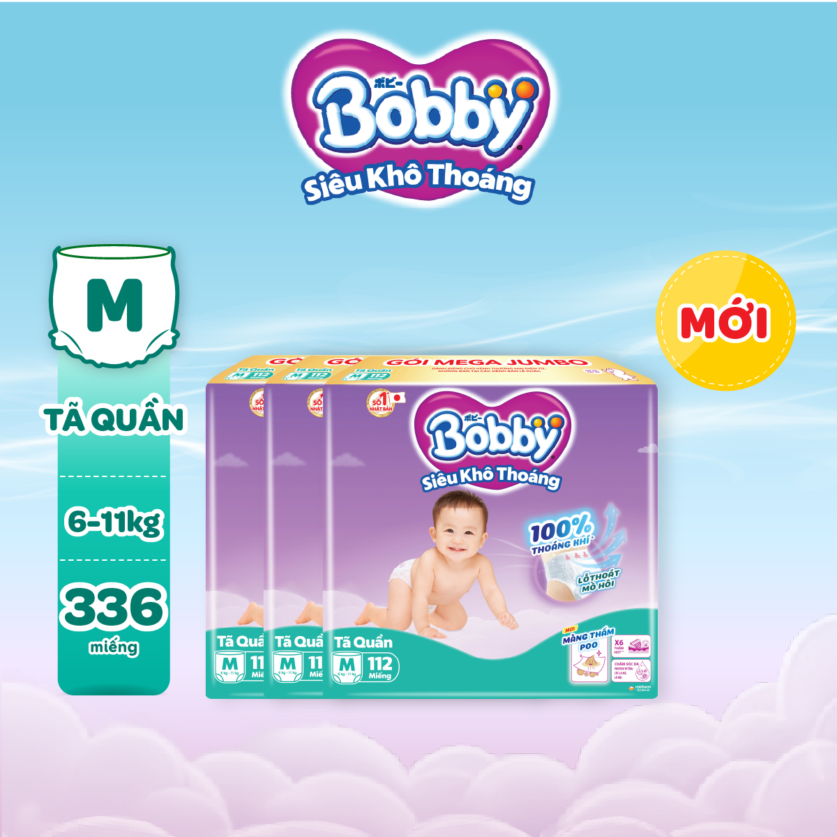 Tã quần Bobby Siêu Khô Thoáng - 100% Thoáng Khí Mega Jumbo M112