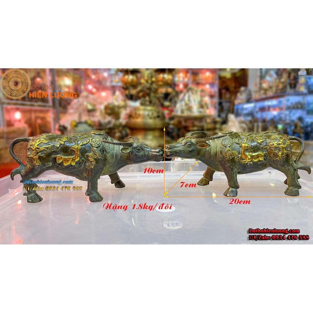 Đôi Trâu Đồng Chữ Phúc Màu Xanh Rêu Giả Cổ Cao 10cm