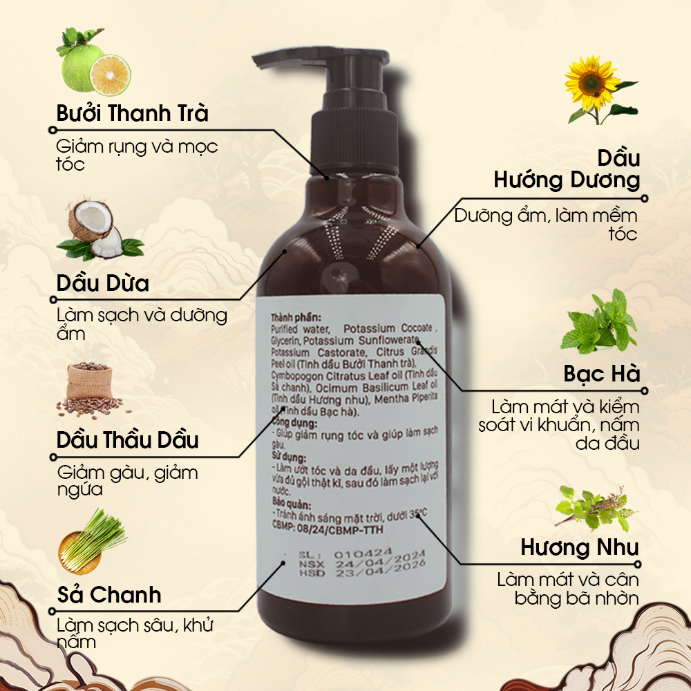 Dầu Gội Bưởi, Hương Nhu, Bạc Hà, Giảm Rụng, Kích Mọc Tóc, Giảm Gàu, Hết Ngứa, Tự Nhiên,300ml,