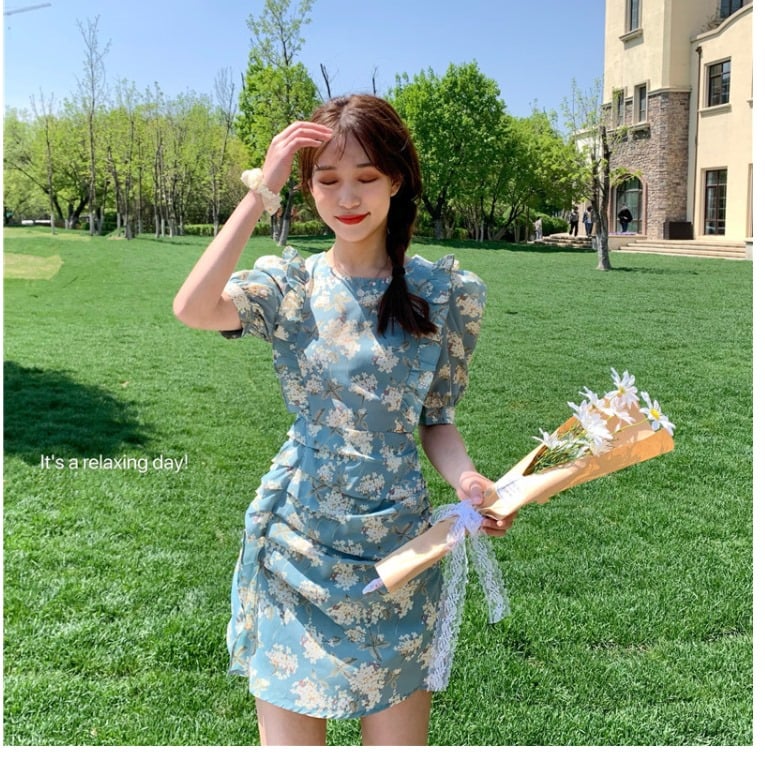 ĐẦM HỌA TIẾT MÀU XANH XẾP LY DH061