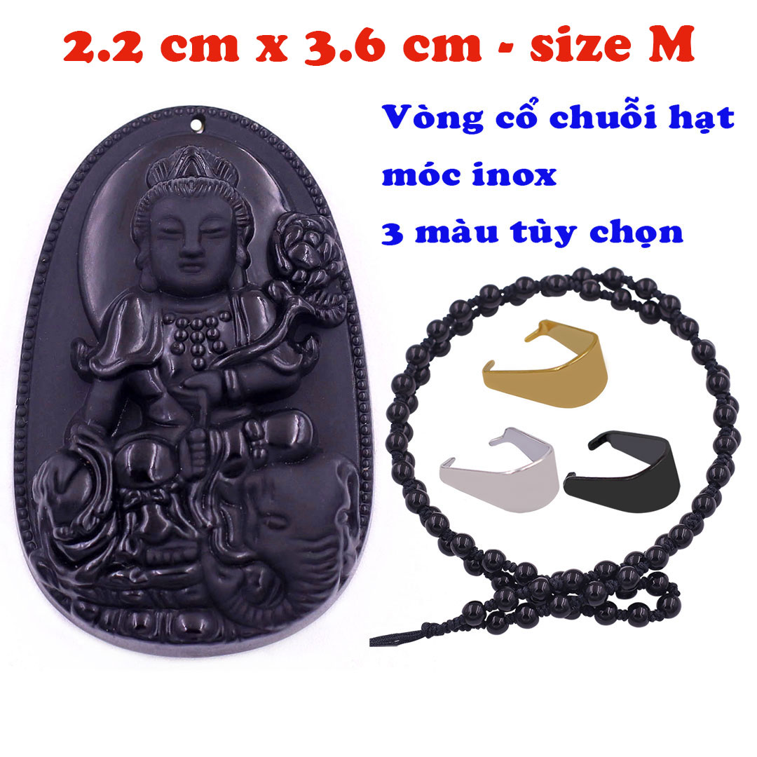 Mặt Phật Phổ hiền thạch anh đen 3.6 cm kèm vòng cổ hạt chuỗi đá đen - mặt dây chuyền size M, Mặt Phật bản mệnh