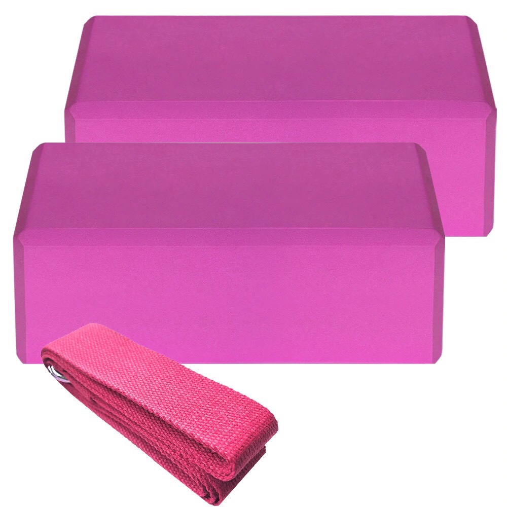 Combo 3 Dụng Cụ Hỗ Trợ Tập Yoga - 2 Gạch Tập Yoga Trơn, Không Họa Tiết 1 Dây Đai Tập Yoga Sợi Cotton - Combo Hồng