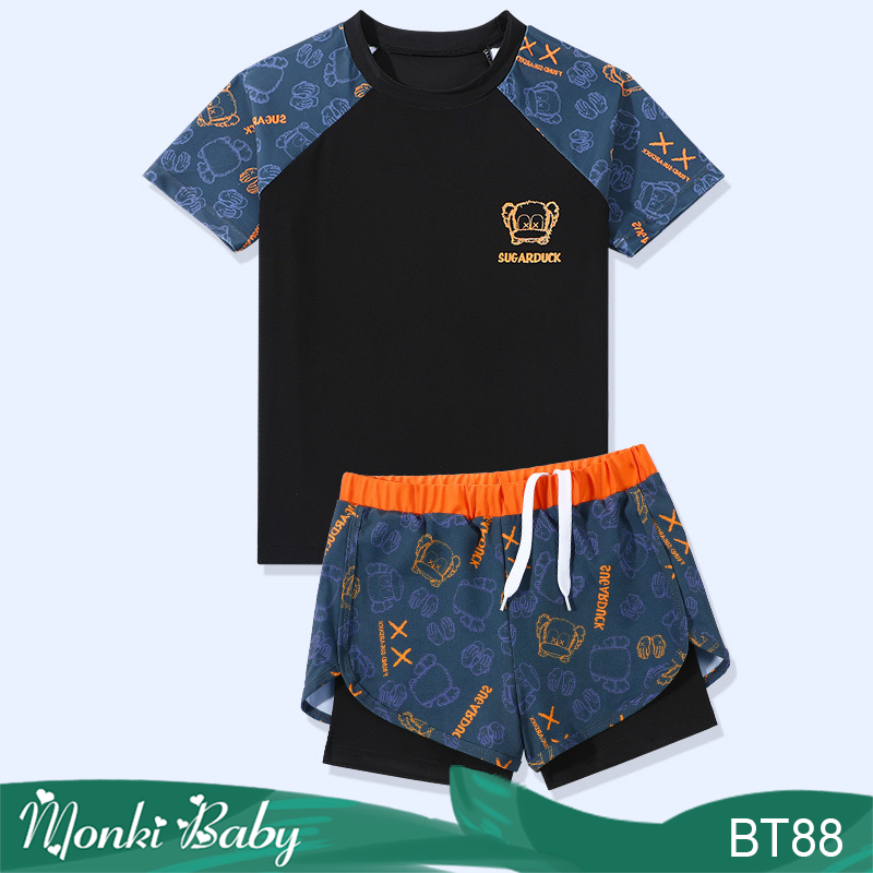 Bộ bơi bé trai 2 mảnh, áo thun bơi cộc tay &amp; quần bơi 2 lớp thời trang, vải bơi lạnh mịn mát, co giãn cao, có size lớn đến 50kg | BT88