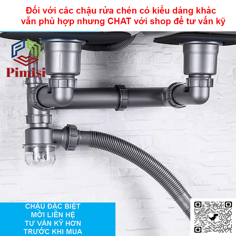 Bộ Xi Phông Xả Thải Bồn Rửa Chén Bát 2 Hố Phi 110-140 Pimisi Cao Cấp - Loại Ống Thải Nhựa Cứng Không Đọng Nước - Cốc Inox 304, Lọc Rác, Bầu Chống Mùi Hôi Và Giảm Dầu Mỡ Ống Dẫn - Có Thoát Tràn | Hàng Chính Hãng